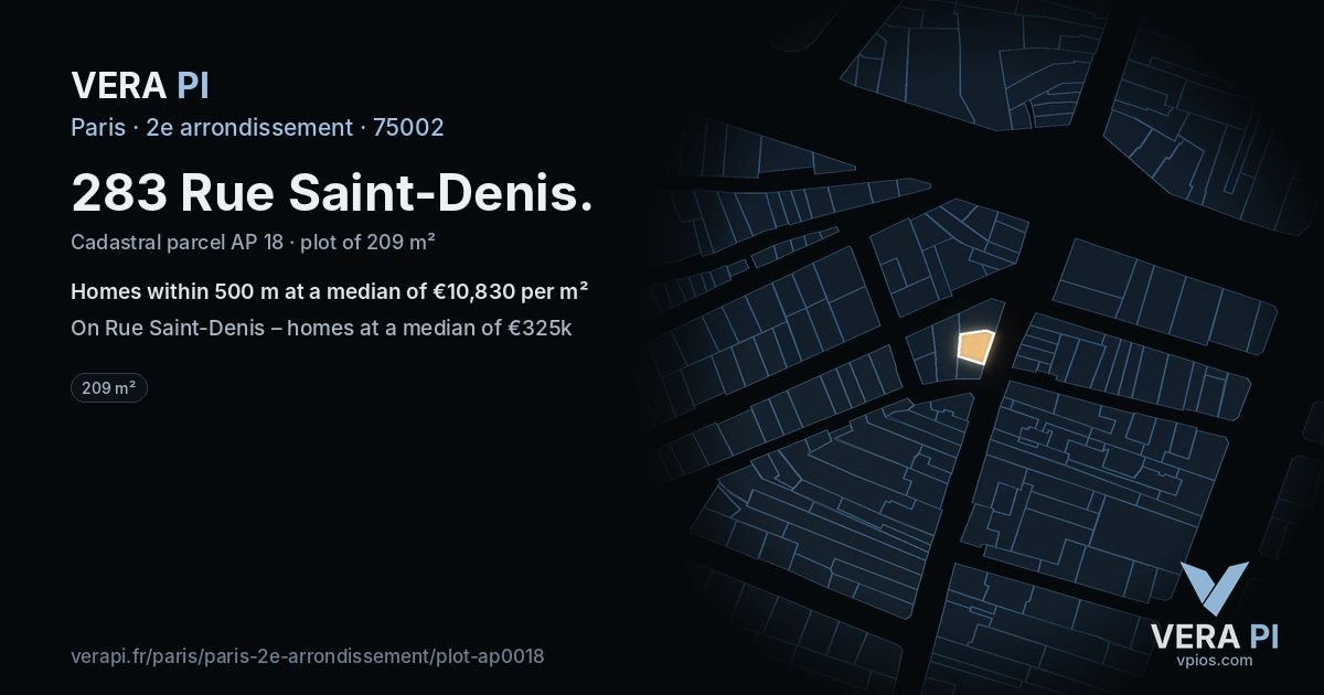 283 Rue Saint-Denis, 2e arrondissement at night – the plot lit, the parcels around coloured by the prices near them