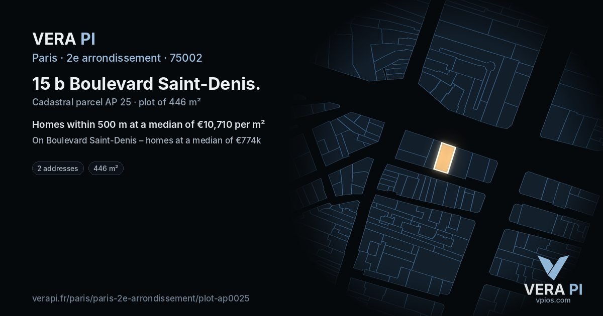 15 b Boulevard Saint-Denis, 2e arrondissement at night – the plot lit, the parcels around coloured by the prices near them