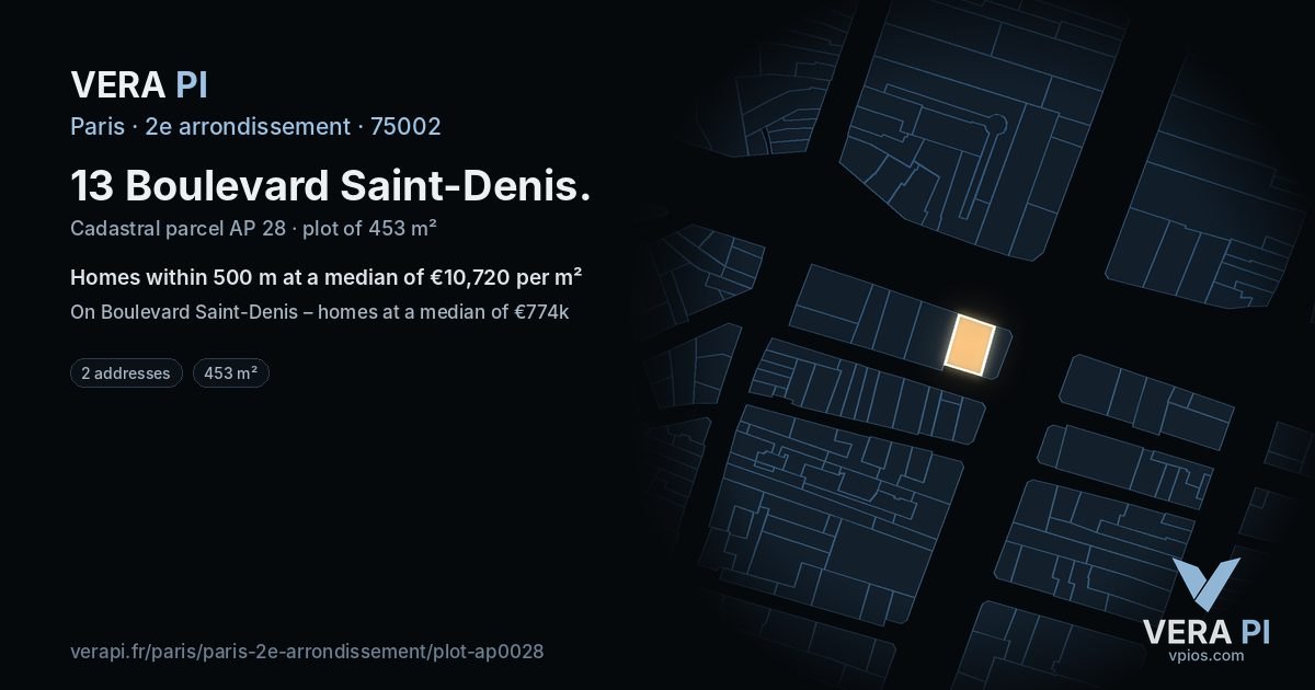 13 Boulevard Saint-Denis, 2e arrondissement at night – the plot lit, the parcels around coloured by the prices near them
