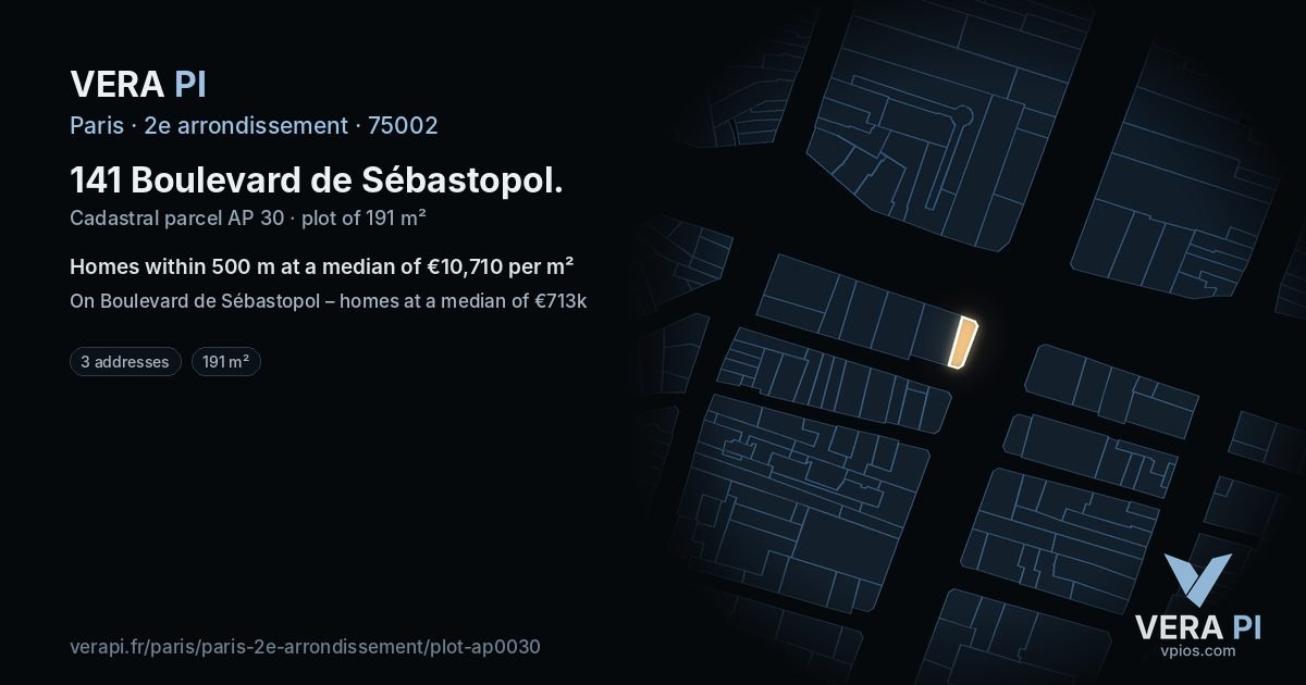141 Boulevard de Sébastopol, 2e arrondissement at night – the plot lit, the parcels around coloured by the prices near them