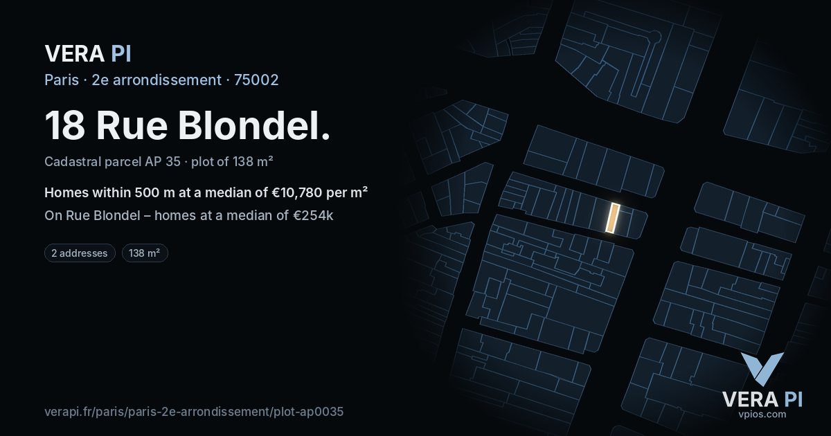 18 Rue Blondel, 2e arrondissement at night – the plot lit, the parcels around coloured by the prices near them