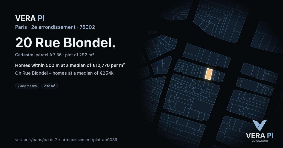 20 Rue Blondel, 2e arrondissement at night – the plot lit, the parcels around coloured by the prices near them