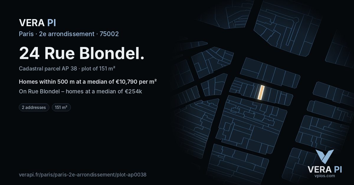 24 Rue Blondel, 2e arrondissement at night – the plot lit, the parcels around coloured by the prices near them