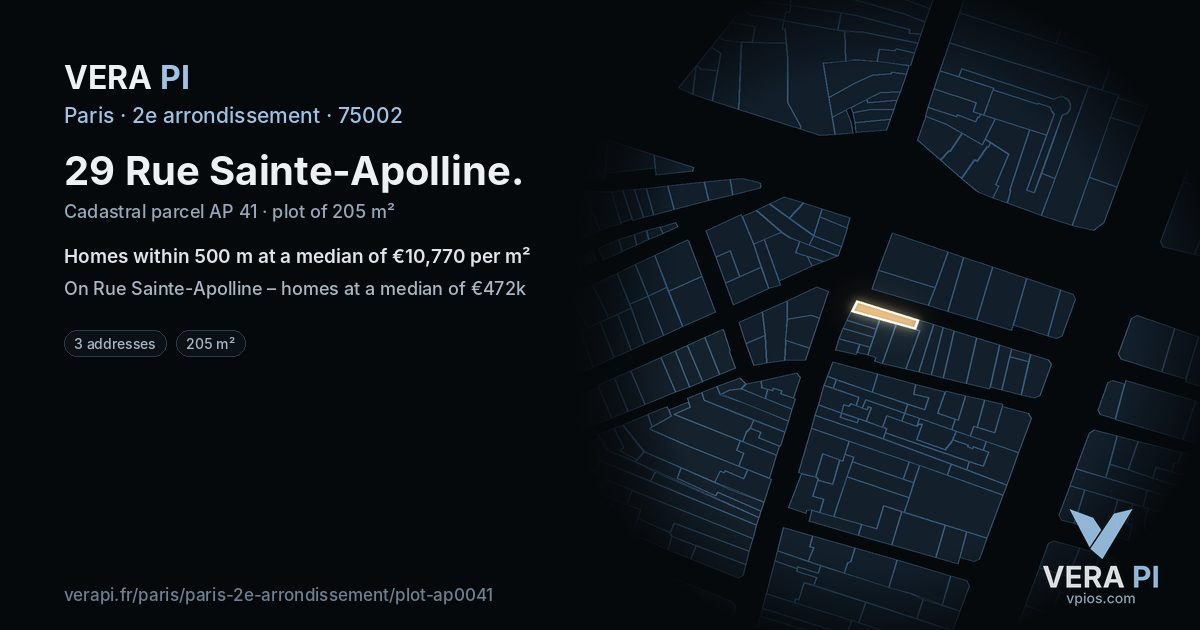29 Rue Sainte-Apolline, 2e arrondissement at night – the plot lit, the parcels around coloured by the prices near them