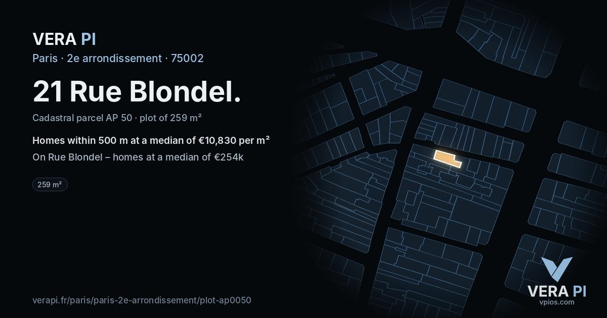 21 Rue Blondel, 2e arrondissement at night – the plot lit, the parcels around coloured by the prices near them