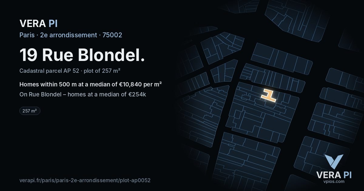 19 Rue Blondel, 2e arrondissement at night – the plot lit, the parcels around coloured by the prices near them