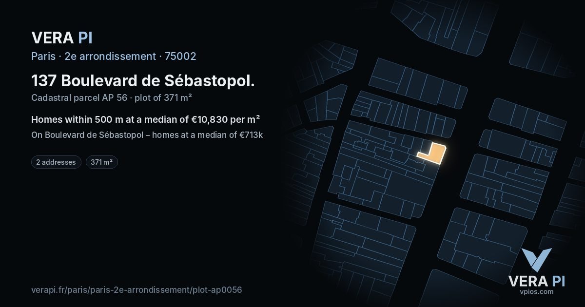 137 Boulevard de Sébastopol, 2e arrondissement at night – the plot lit, the parcels around coloured by the prices near them