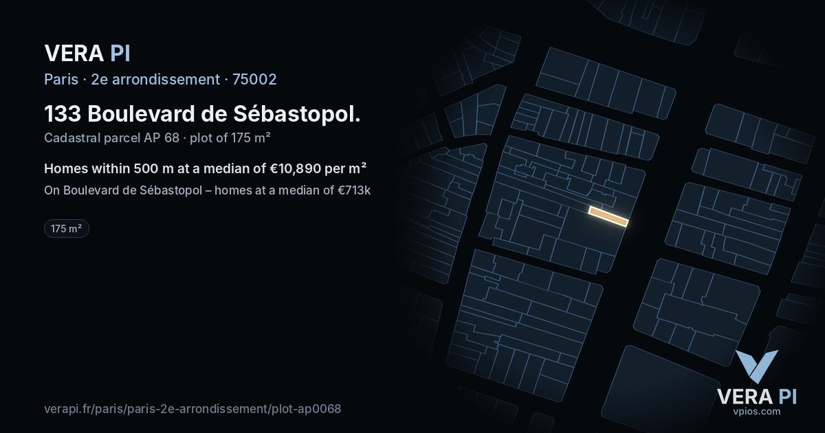 133 Boulevard de Sébastopol, 2e arrondissement at night – the plot lit, the parcels around coloured by the prices near them