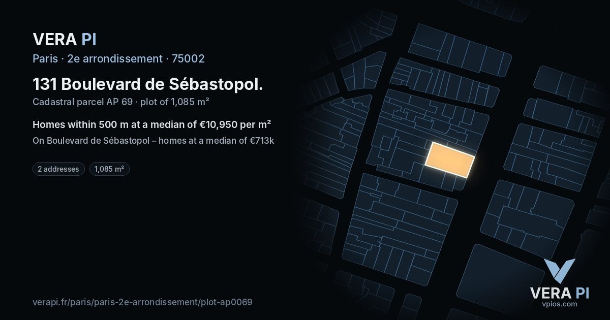 131 Boulevard de Sébastopol, 2e arrondissement at night – the plot lit, the parcels around coloured by the prices near them