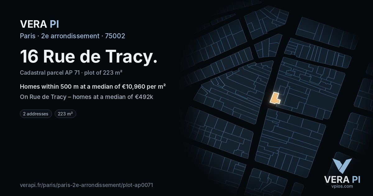 16 Rue de Tracy, 2e arrondissement at night – the plot lit, the parcels around coloured by the prices near them
