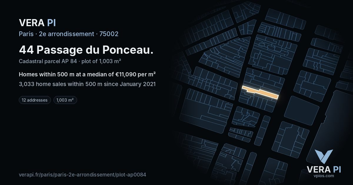 44 Passage du Ponceau, 2e arrondissement at night – the plot lit, the parcels around coloured by the prices near them