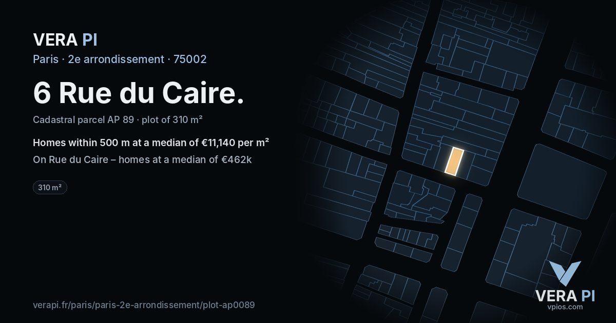 6 Rue du Caire, 2e arrondissement at night – the plot lit, the parcels around coloured by the prices near them