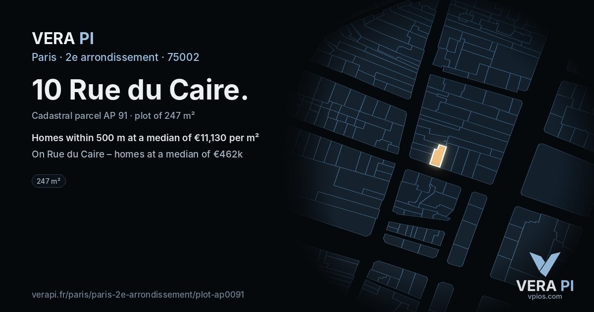 10 Rue du Caire, 2e arrondissement at night – the plot lit, the parcels around coloured by the prices near them