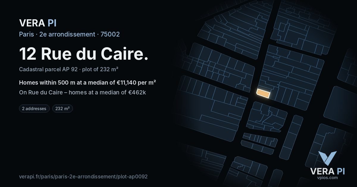 12 Rue du Caire, 2e arrondissement at night – the plot lit, the parcels around coloured by the prices near them