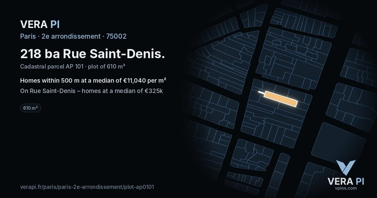 218 ba Rue Saint-Denis, 2e arrondissement at night – the plot lit, the parcels around coloured by the prices near them