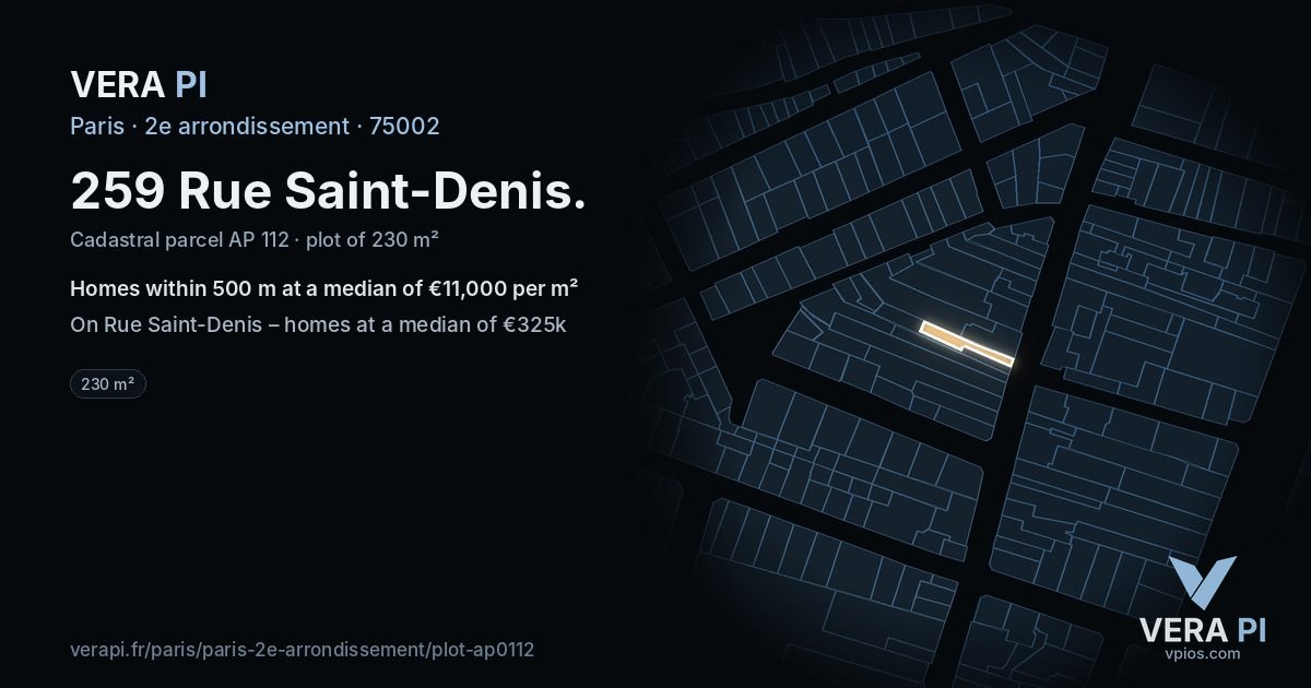 259 Rue Saint-Denis, 2e arrondissement at night – the plot lit, the parcels around coloured by the prices near them