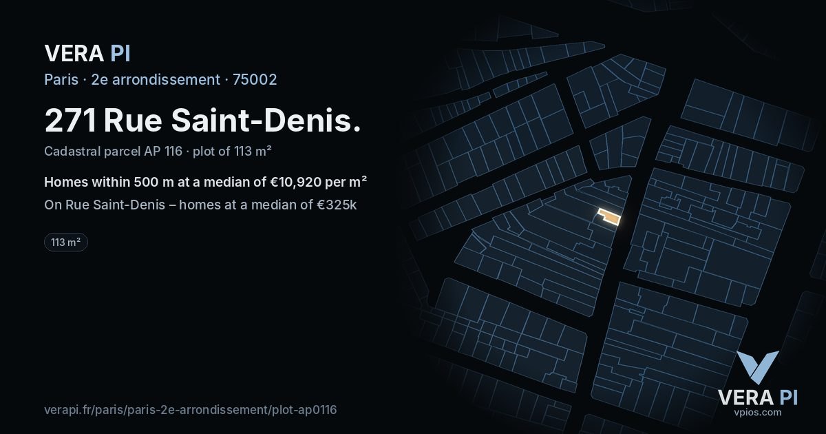 271 Rue Saint-Denis, 2e arrondissement at night – the plot lit, the parcels around coloured by the prices near them