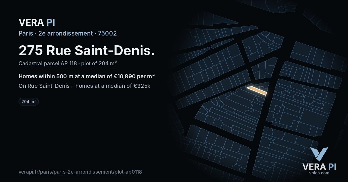 275 Rue Saint-Denis, 2e arrondissement at night – the plot lit, the parcels around coloured by the prices near them