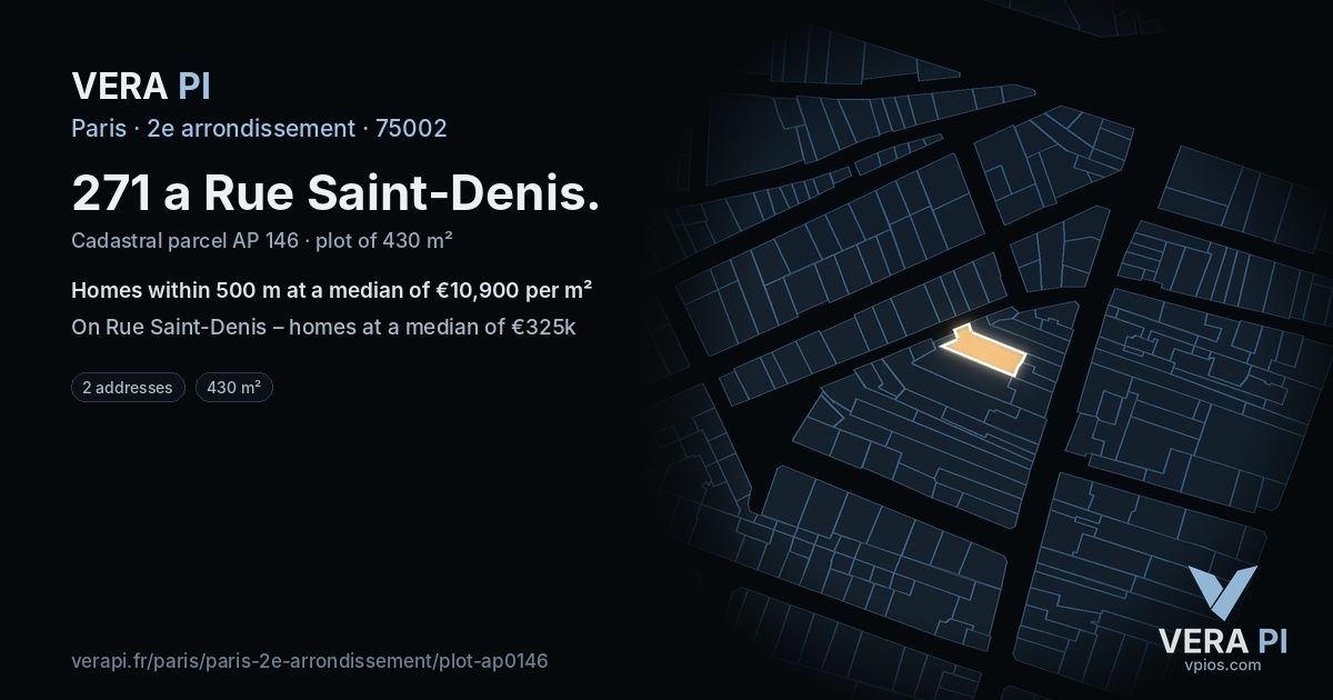 271 a Rue Saint-Denis, 2e arrondissement at night – the plot lit, the parcels around coloured by the prices near them