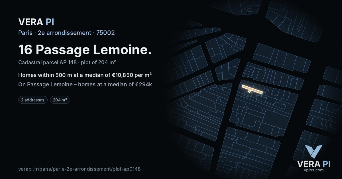 16 Passage Lemoine, 2e arrondissement at night – the plot lit, the parcels around coloured by the prices near them