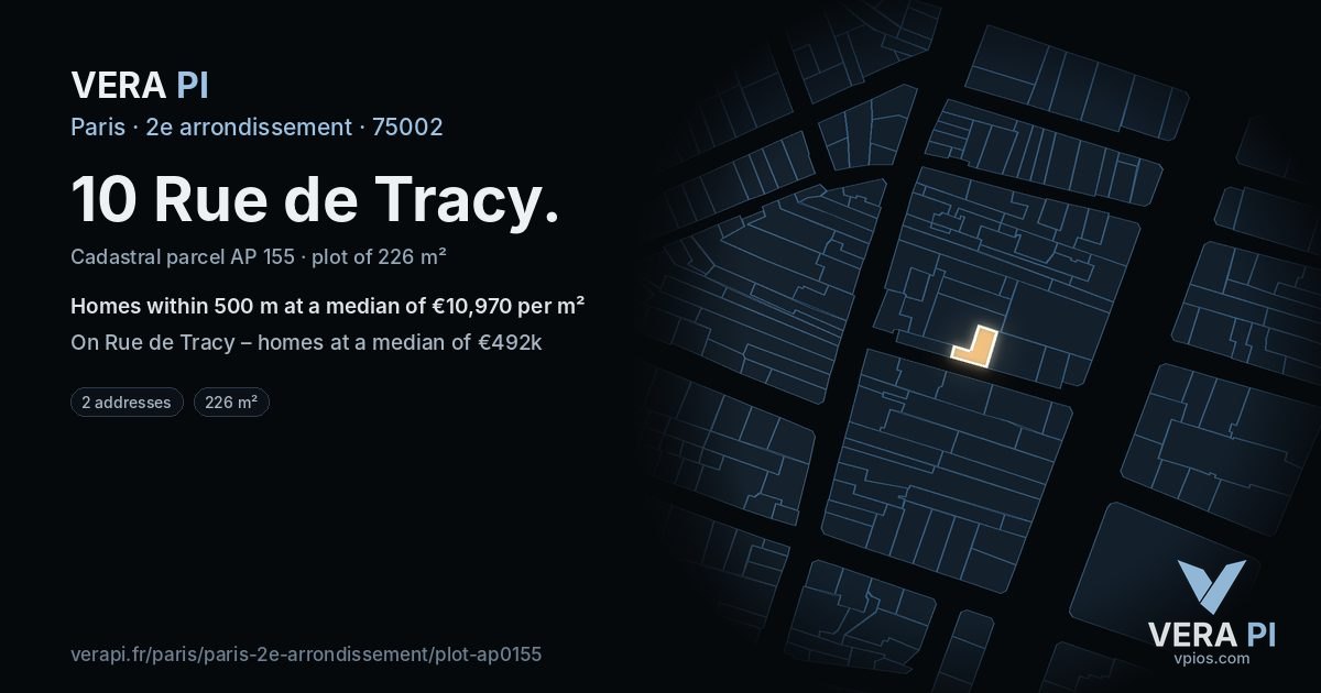 10 Rue de Tracy, 2e arrondissement at night – the plot lit, the parcels around coloured by the prices near them