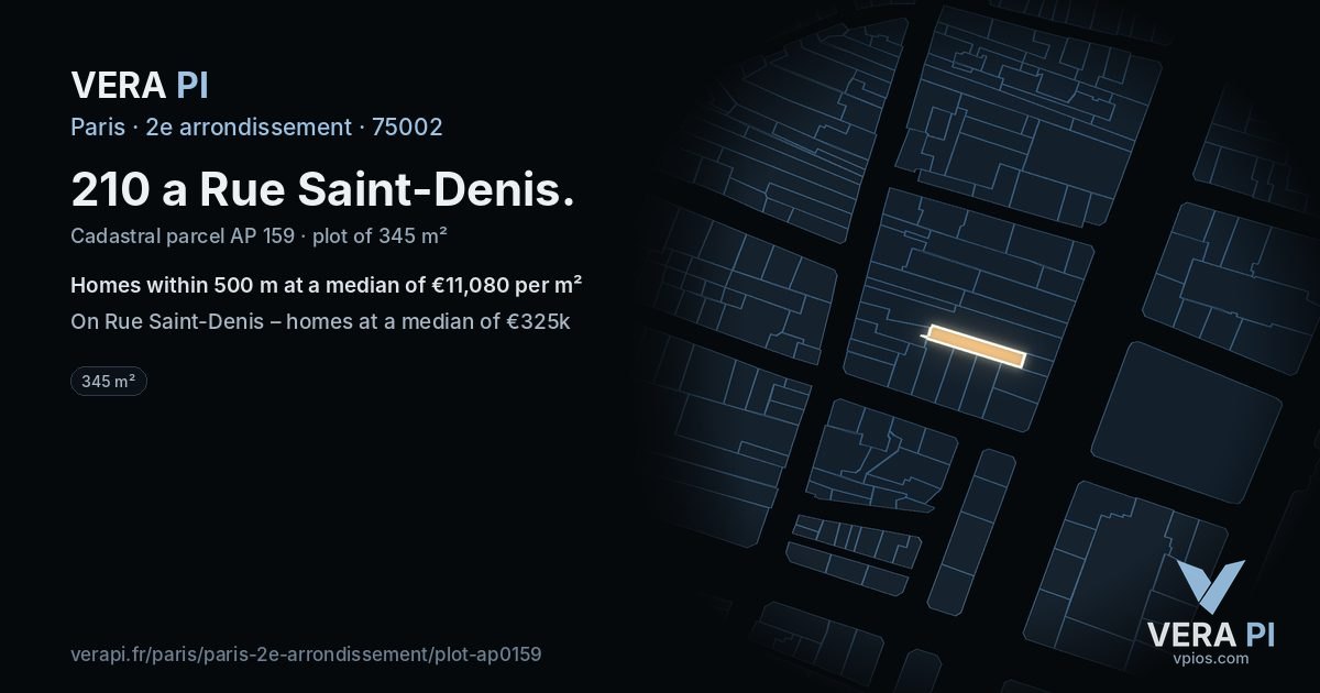 210 a Rue Saint-Denis, 2e arrondissement at night – the plot lit, the parcels around coloured by the prices near them