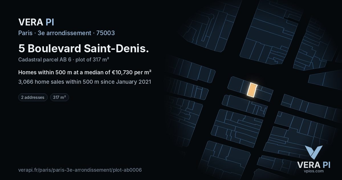 5 Boulevard Saint-Denis, 3e arrondissement at night – the plot lit, the parcels around coloured by the prices near them