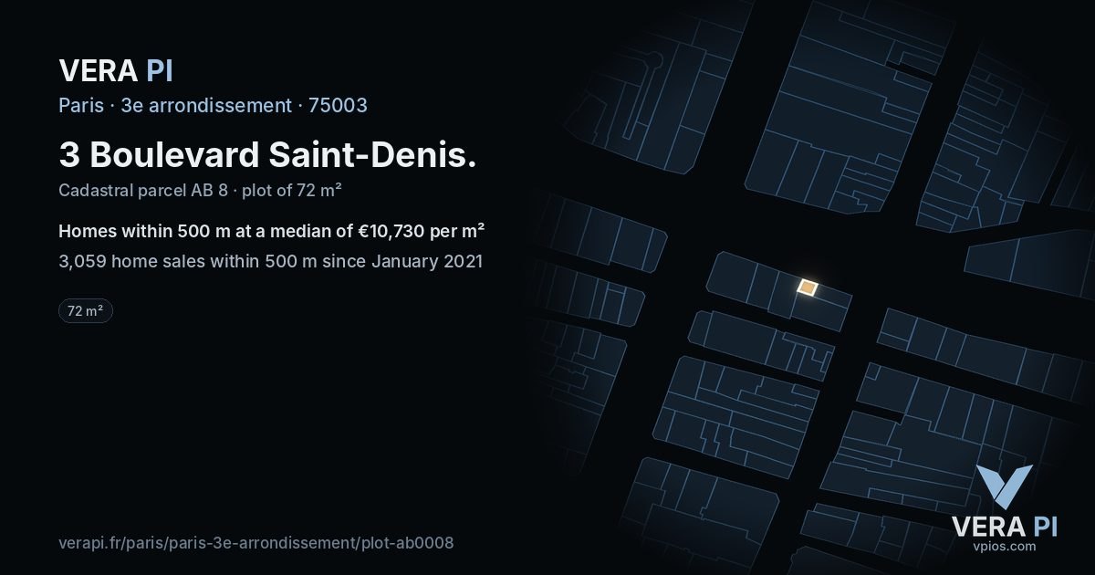 3 Boulevard Saint-Denis, 3e arrondissement at night – the plot lit, the parcels around coloured by the prices near them