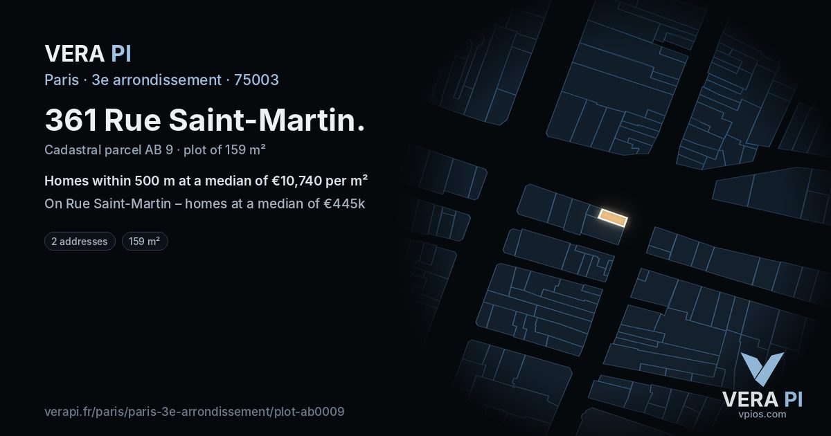 361 Rue Saint-Martin, 3e arrondissement at night – the plot lit, the parcels around coloured by the prices near them