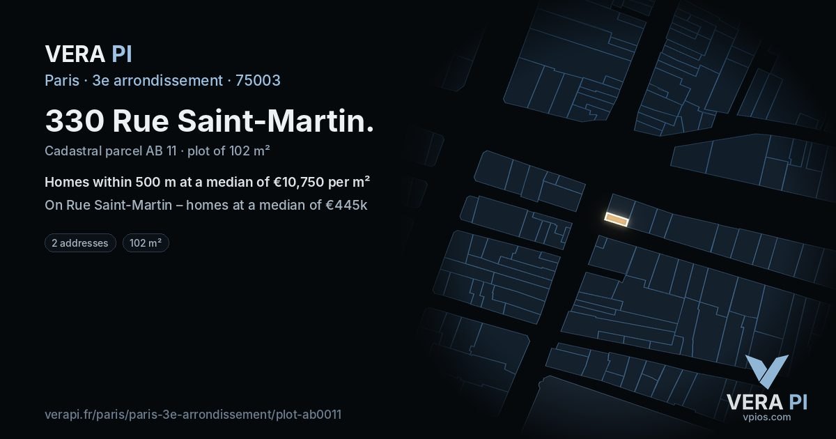 330 Rue Saint-Martin, 3e arrondissement at night – the plot lit, the parcels around coloured by the prices near them