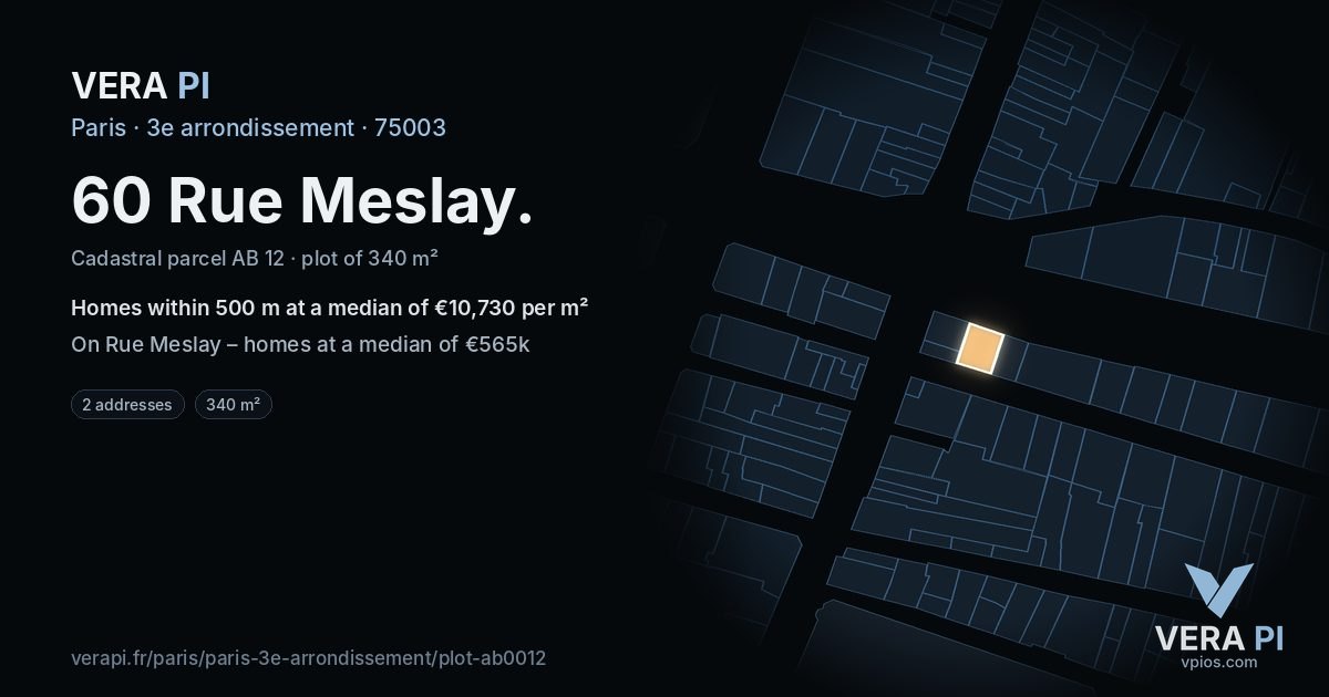 60 Rue Meslay, 3e arrondissement at night – the plot lit, the parcels around coloured by the prices near them
