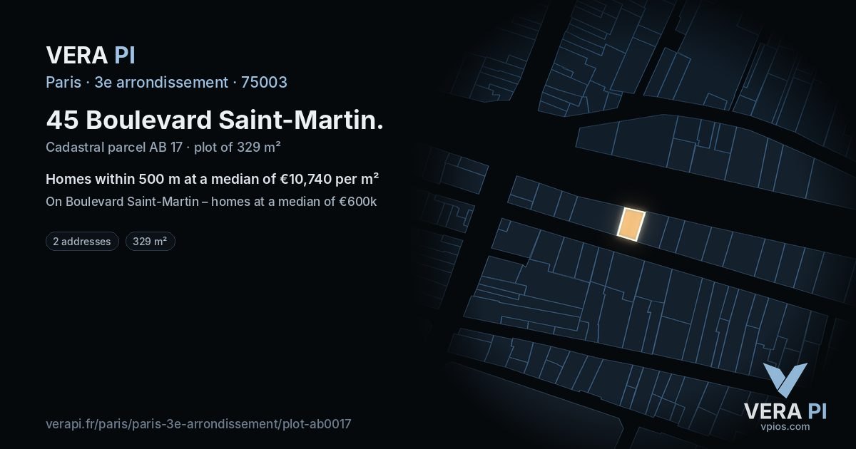 45 Boulevard Saint-Martin, 3e arrondissement at night – the plot lit, the parcels around coloured by the prices near them