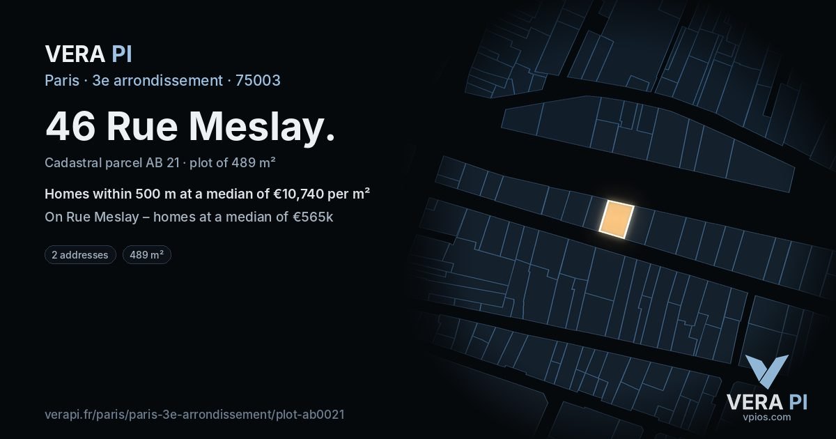 46 Rue Meslay, 3e arrondissement at night – the plot lit, the parcels around coloured by the prices near them