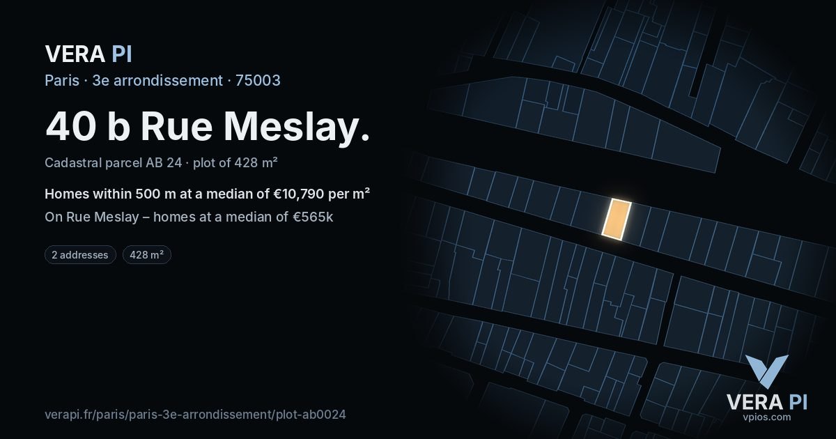40 b Rue Meslay, 3e arrondissement at night – the plot lit, the parcels around coloured by the prices near them