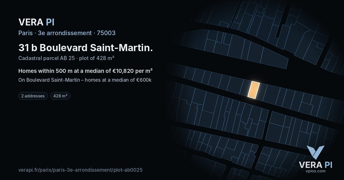 31 b Boulevard Saint-Martin, 3e arrondissement at night – the plot lit, the parcels around coloured by the prices near them