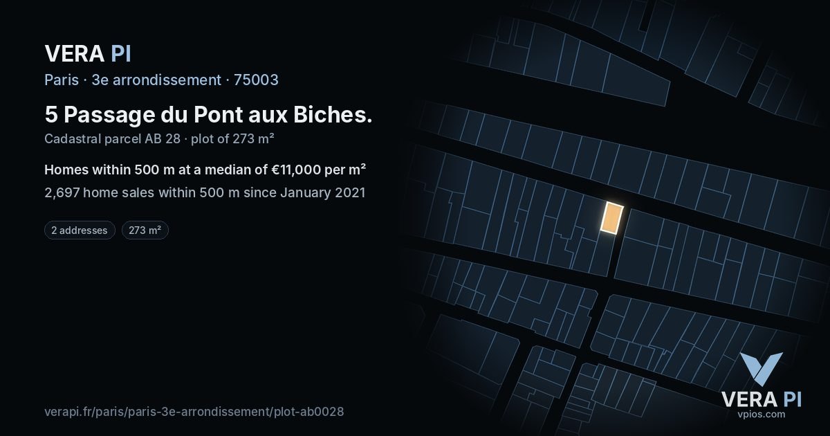 5 Passage du Pont aux Biches, 3e arrondissement at night – the plot lit, the parcels around coloured by the prices near them
