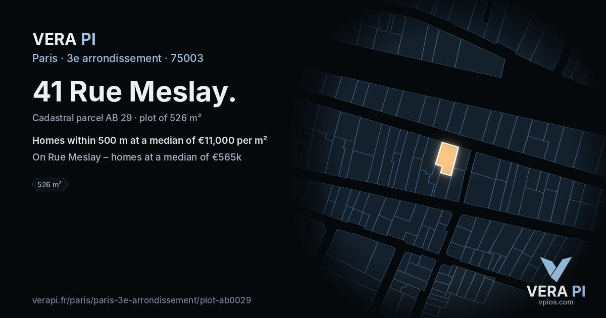 41 Rue Meslay, 3e arrondissement at night – the plot lit, the parcels around coloured by the prices near them