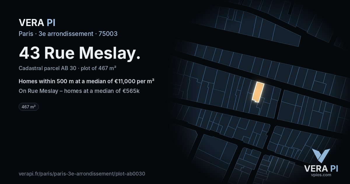 43 Rue Meslay, 3e arrondissement at night – the plot lit, the parcels around coloured by the prices near them