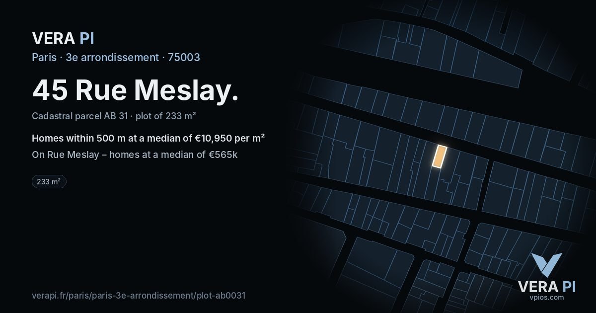 45 Rue Meslay, 3e arrondissement at night – the plot lit, the parcels around coloured by the prices near them