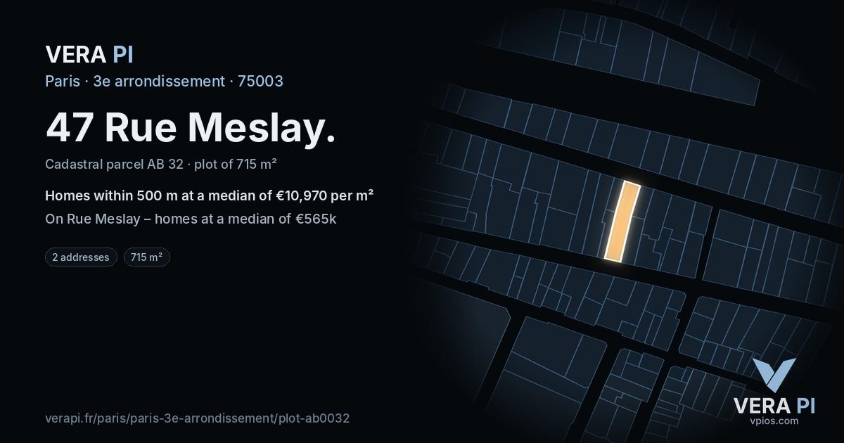 47 Rue Meslay, 3e arrondissement at night – the plot lit, the parcels around coloured by the prices near them