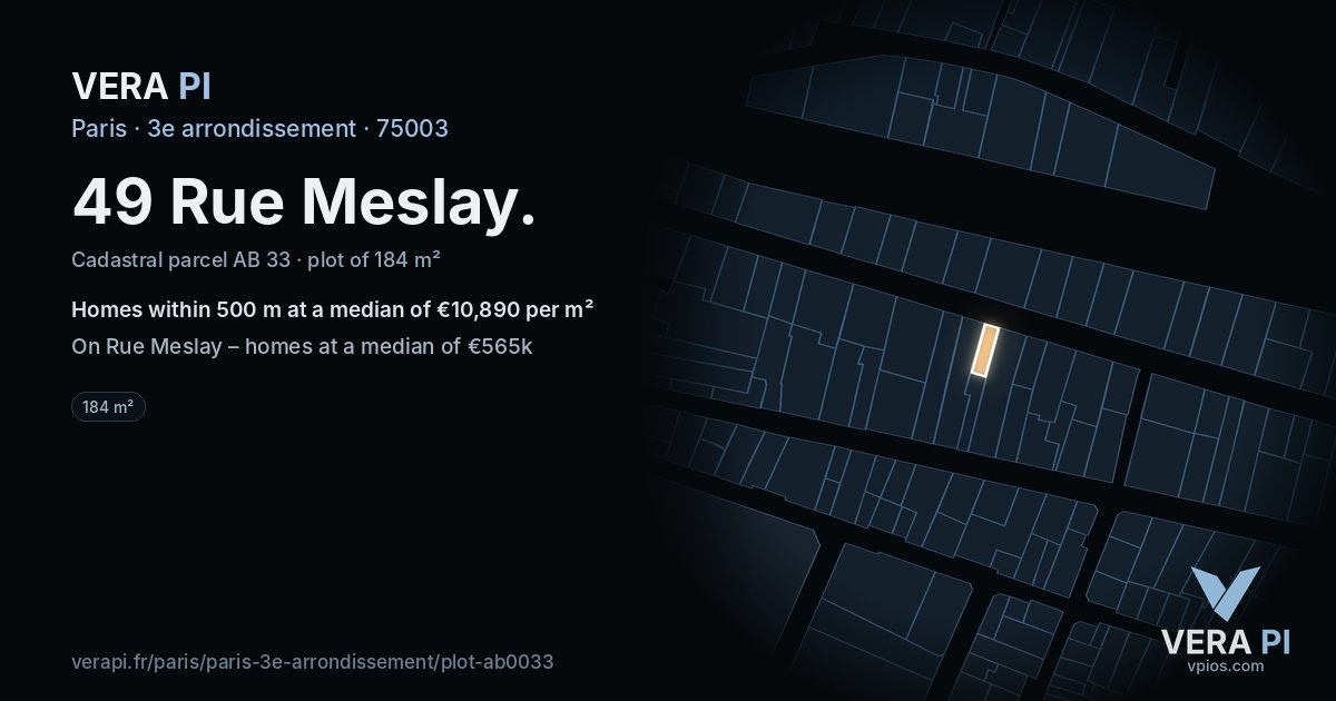 49 Rue Meslay, 3e arrondissement at night – the plot lit, the parcels around coloured by the prices near them