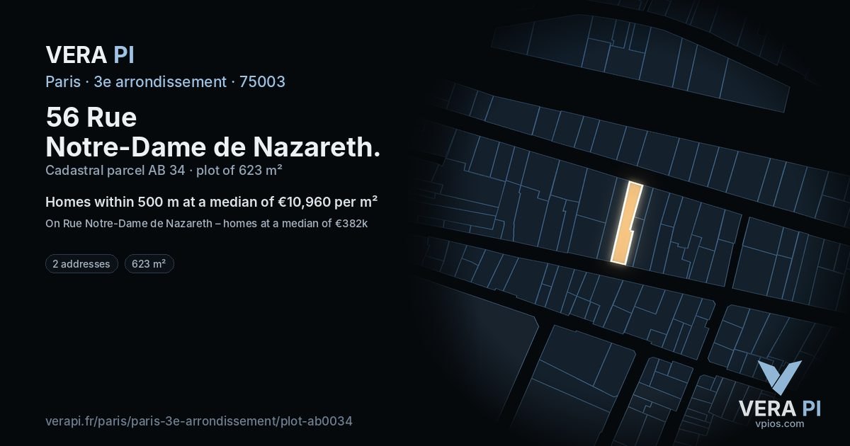 56 Rue Notre-Dame de Nazareth, 3e arrondissement at night – the plot lit, the parcels around coloured by the prices near them