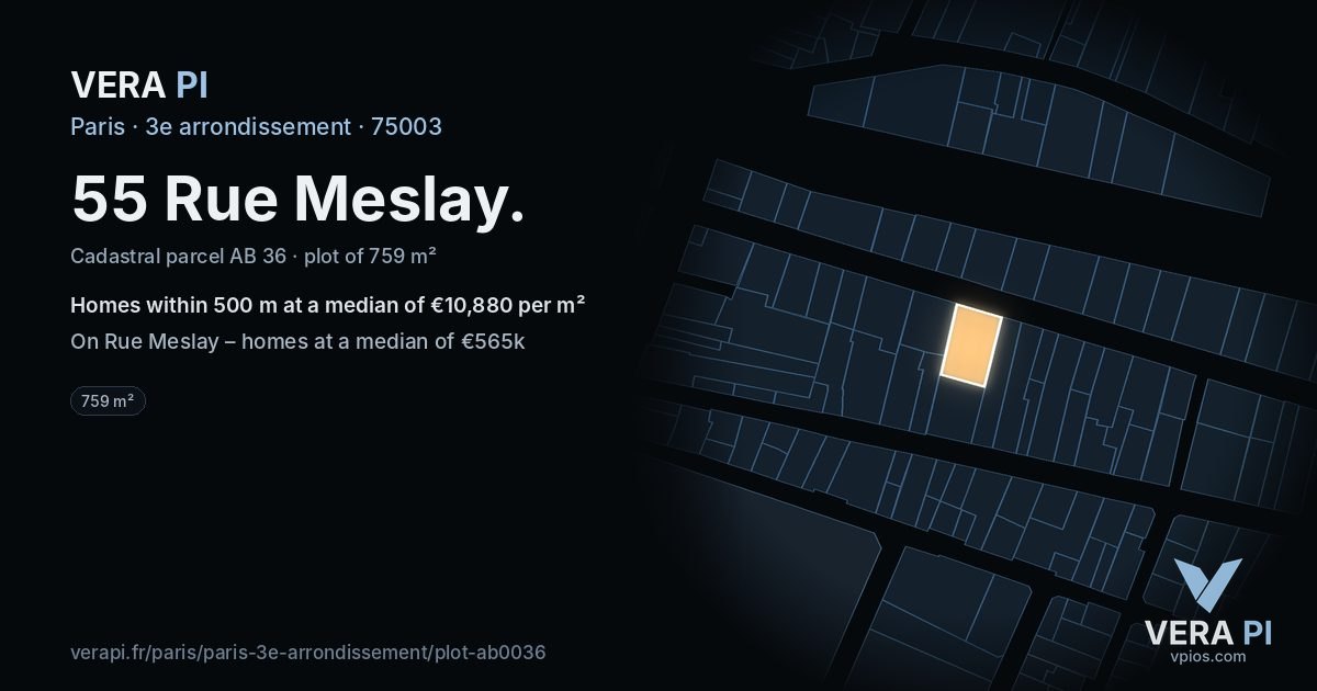 55 Rue Meslay, 3e arrondissement at night – the plot lit, the parcels around coloured by the prices near them