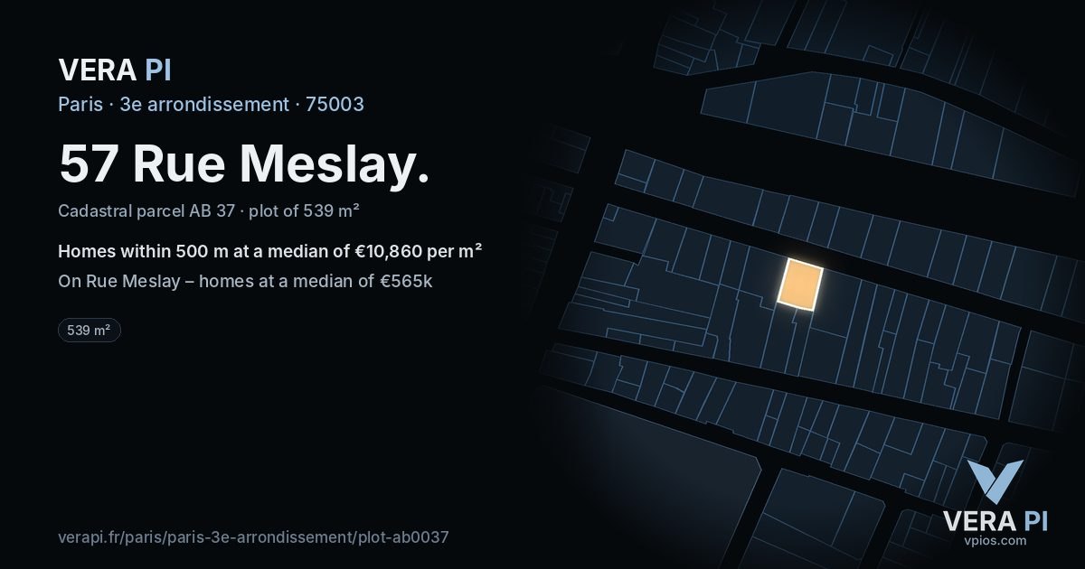 57 Rue Meslay, 3e arrondissement at night – the plot lit, the parcels around coloured by the prices near them