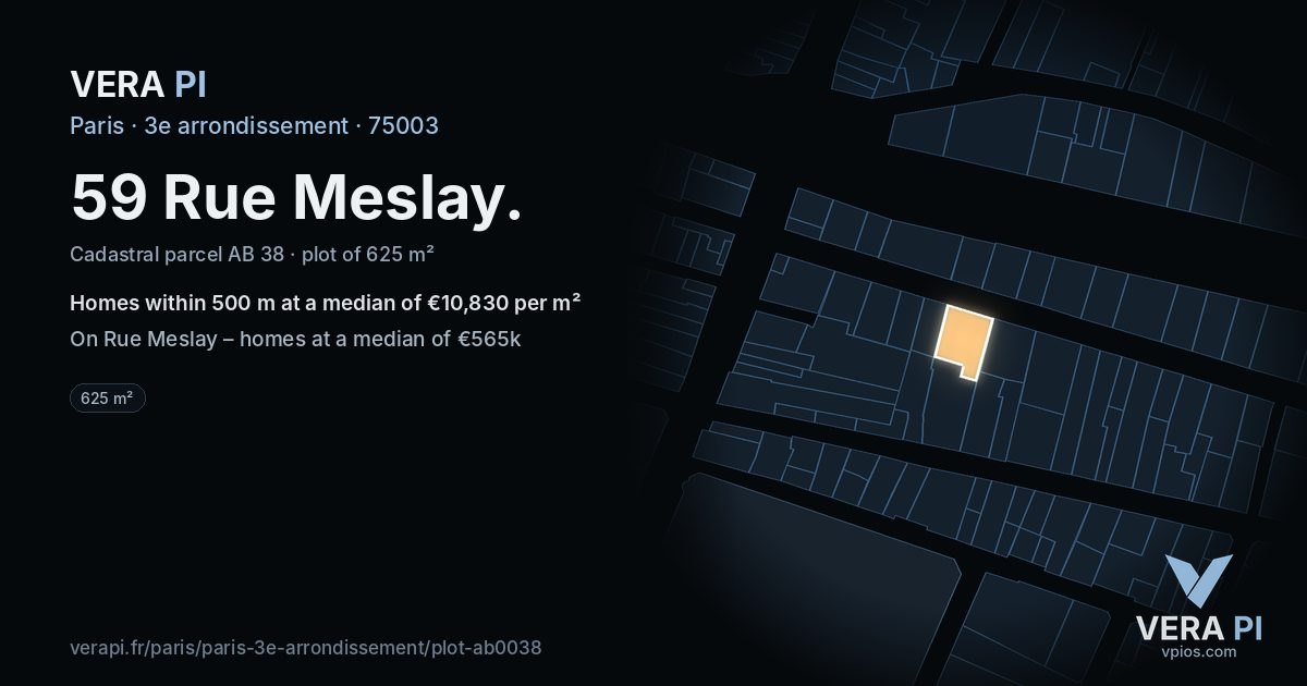 59 Rue Meslay, 3e arrondissement at night – the plot lit, the parcels around coloured by the prices near them
