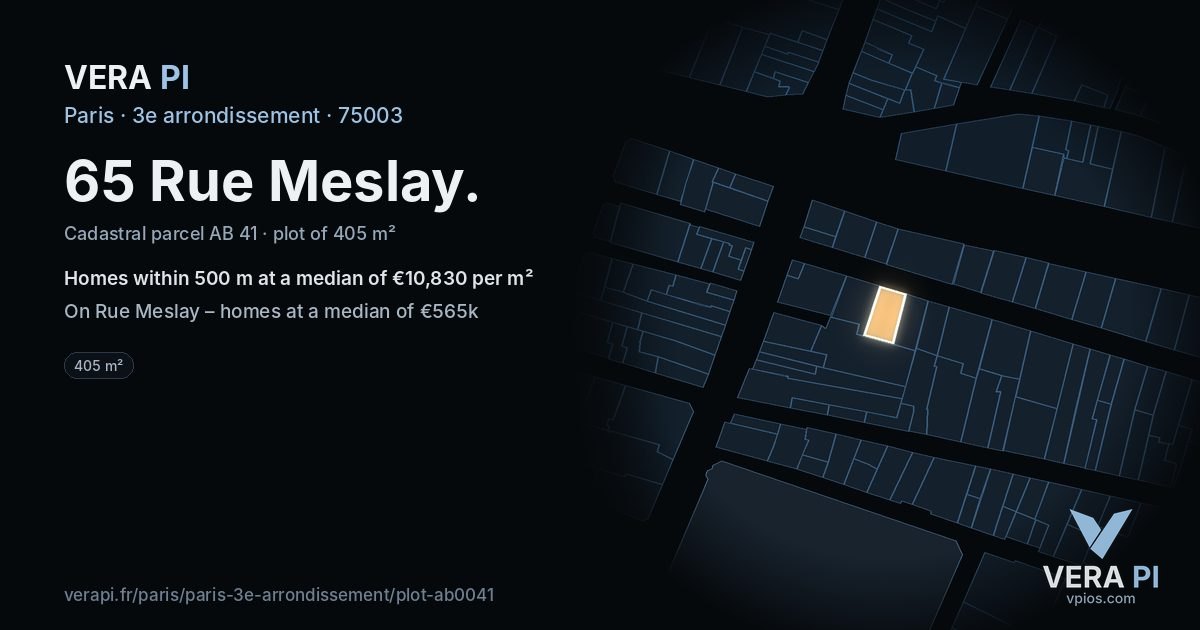 65 Rue Meslay, 3e arrondissement at night – the plot lit, the parcels around coloured by the prices near them