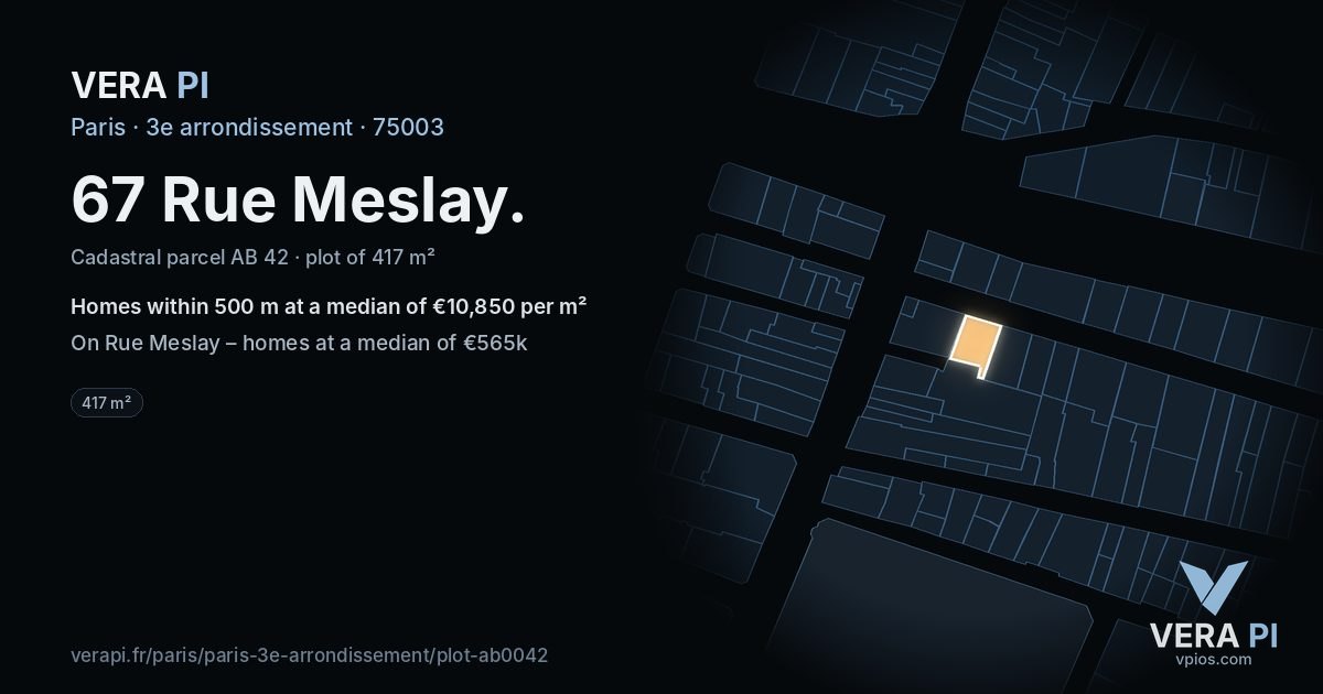 67 Rue Meslay, 3e arrondissement at night – the plot lit, the parcels around coloured by the prices near them