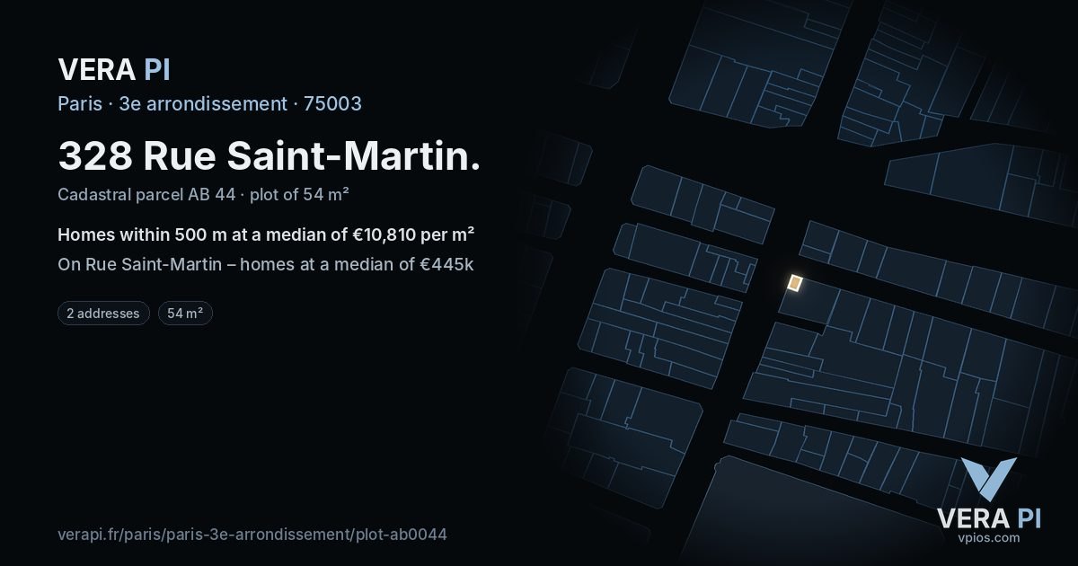 328 Rue Saint-Martin, 3e arrondissement at night – the plot lit, the parcels around coloured by the prices near them