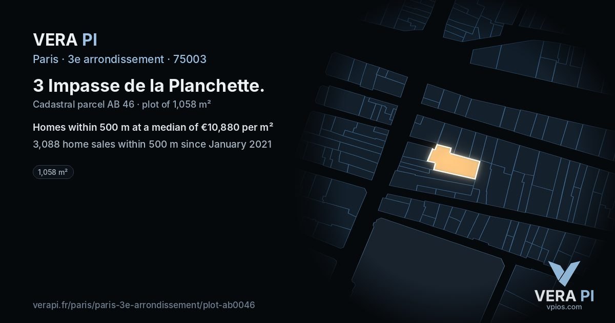 3 Impasse de la Planchette, 3e arrondissement at night – the plot lit, the parcels around coloured by the prices near them