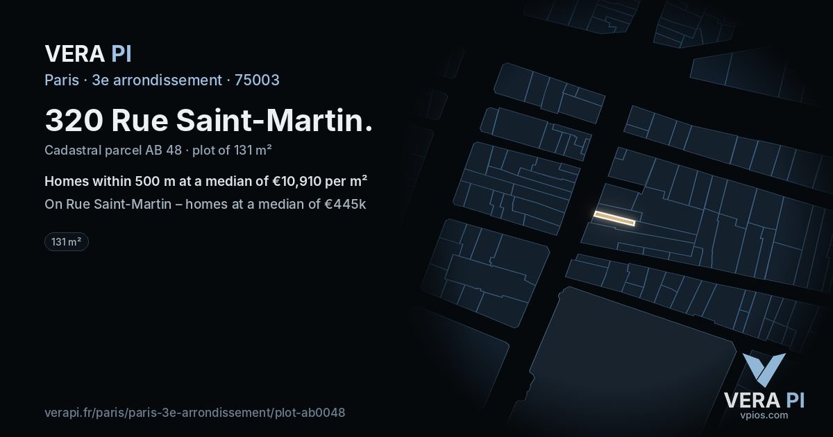 320 Rue Saint-Martin, 3e arrondissement at night – the plot lit, the parcels around coloured by the prices near them